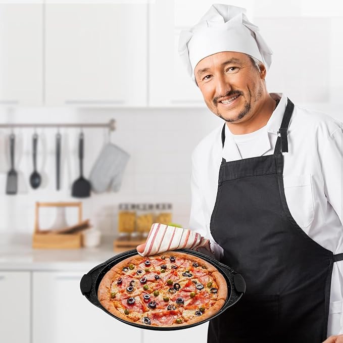 Non-Stick Pizza Pan with Silicone Handle 2 Pack, 13 Inch Round Carbon Steel Tray with Perforated Holes, Dishwasher & Oven Safe Up To 450°F, PFOAPFOSPTFE Free, Durable Nonstick Gray Marble Coating