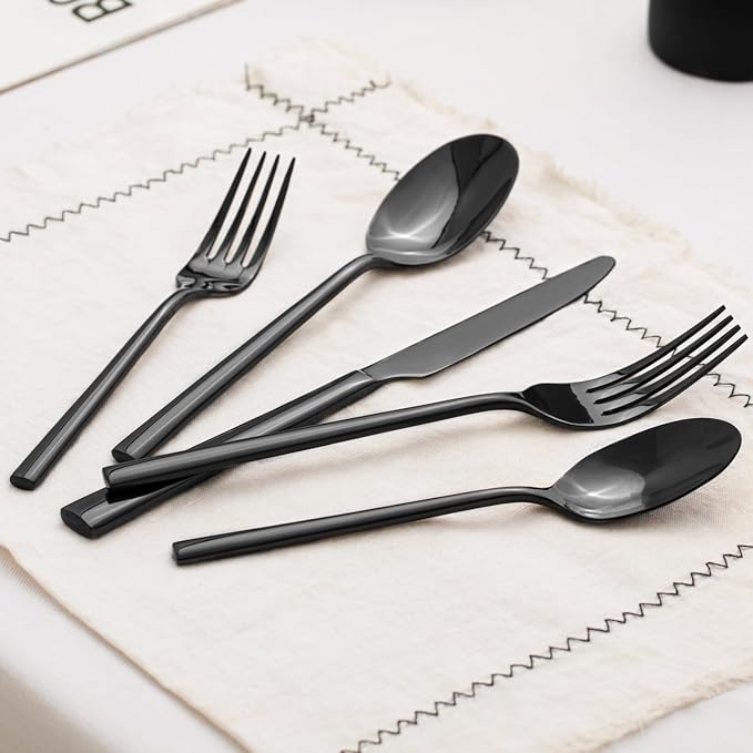 KINGSTONE Black Silverware Set, 40-Piece Forged Flatware Set Cutlery Set Premium Stainless Steel, Service for 8, for Kitchen, Home, Wedding, Party, Mirror Polished and Dishwasher Safe