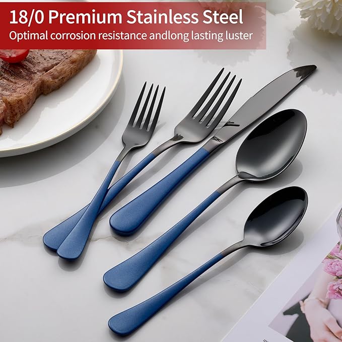 20-Piece Black Silverware Set 18/0 Stainless Steel Flatware Sapphire Blue Handle Cutlery Set Service for 4 Dinner Knives Forks Spoons Set Mirror Finish Dishwasher Safe