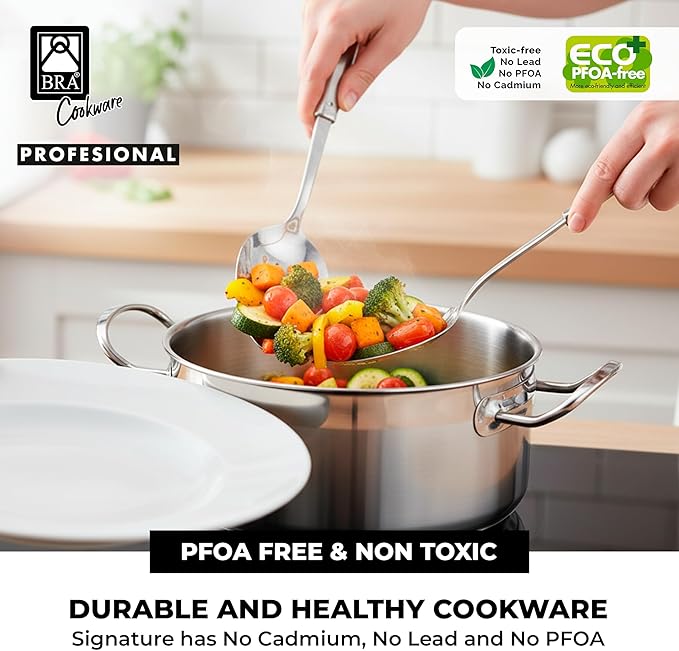 BRA COOKWARE Profesional 8-Piece Stainless Steel Cookware Set | Professional Pots & Pans Set | Kitchen Set w/ 2 Pots, 1 Sauté Pan, 2 Frying Pans, 3 Lids | All Heat Sources Compatible | PFOA Free
