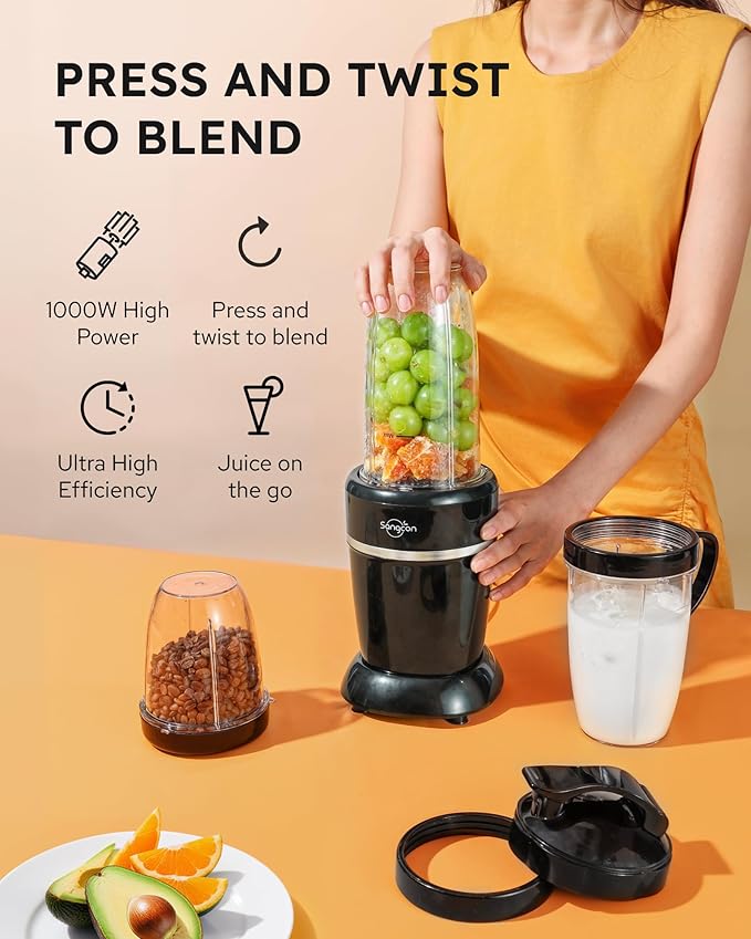 Sangcon 1000W Blender for Smoothies, Blenders for Kitchen with (3) Cups (2) Spout Covers (1) Storage Cap (1) To-Go Cap, Portable Blender for Shakes and Smoothies, Ice Crushing, Frozen Drinks, Spices