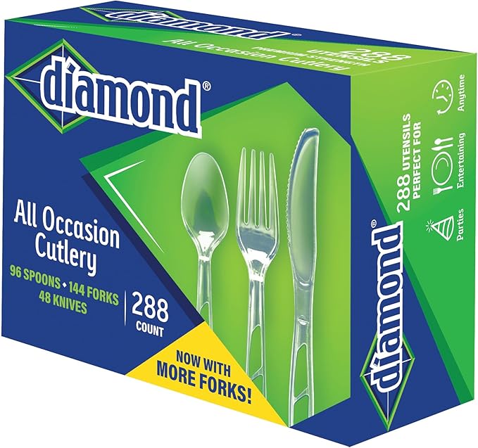 288 Count Diamond® Premium Clear Full-Size Cutlery - Includes 144 Forks, 96 Spoons, 48 Knives, Disposable Plastic Utensils, Plasticware, Silverware