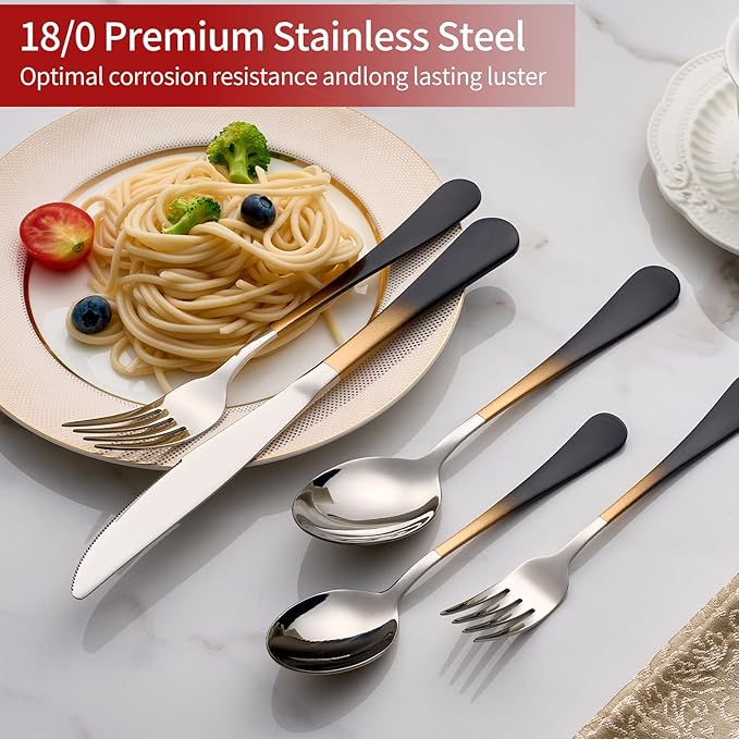 Colorful Silverware Set 20 Piece 18/0 Stainless Steel Flatware Black and Gold Handle Cutlery Set Service for 4 Fork Knife Spoon Set Mirror Finish Dishwasher Safe