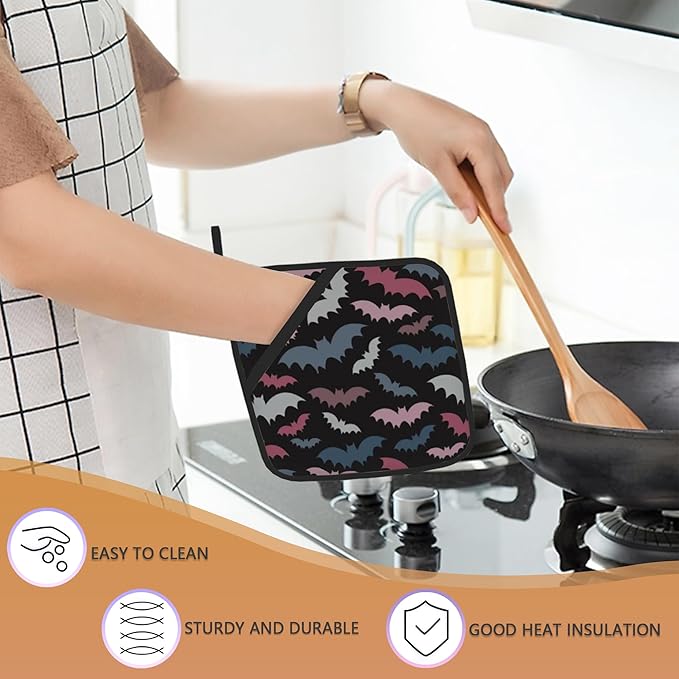 Colorful Bats Pot Holders Set of 2 Heat Resistant Potholders,Fire Oven Hot Pads for Kitchen Cooking Baking Barbecue