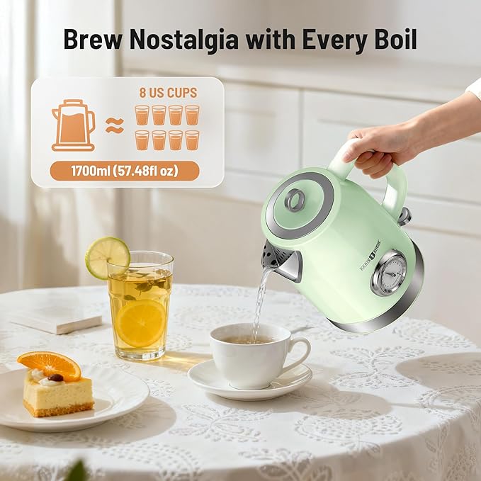 Retro Electric Kettle, PARIS RHÔNE 1.7L Hot Tea Kettle with Thermometer, 1500W Fast Heating, Cordless Design, LED Indicator, Auto Shut-Off & Boil Dry Protection