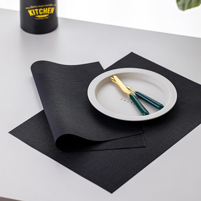LEXMORE PlaceMats Set of 12 Vinyl/Plastic Woven Place Mats for Kitchen Table Indoor/Outdoor Washable PlaceMat Wipeable Dining Table Mats(Black)