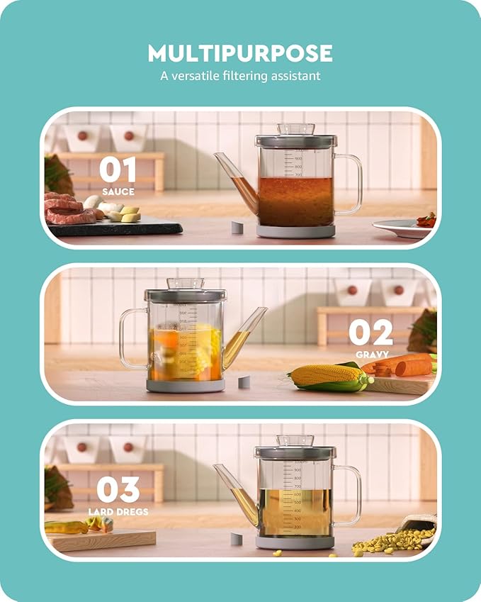 Baffect Glass Fat Separator, Bacon Grease Container with Strainer, Frying Oil Storage Can for Cooking (1L /4 Cups)