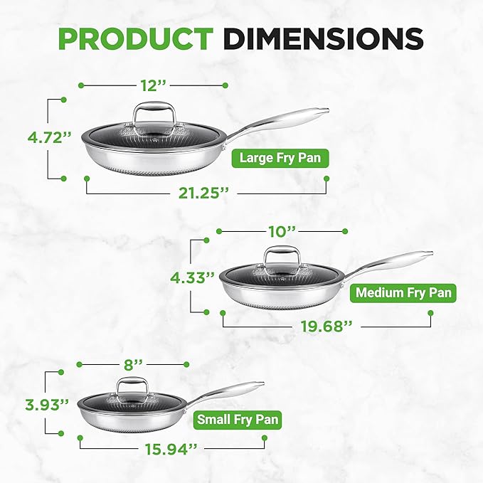 6-Piece Cookware Set Stainless Steel - 3 layers Kitchenware Pans Set Kitchen Cookware w/DAKIN Etching Non-Stick Coating - Small, Medium, & Large Stir Fry Pan with Lid - NutriChef NC3PFRY3
