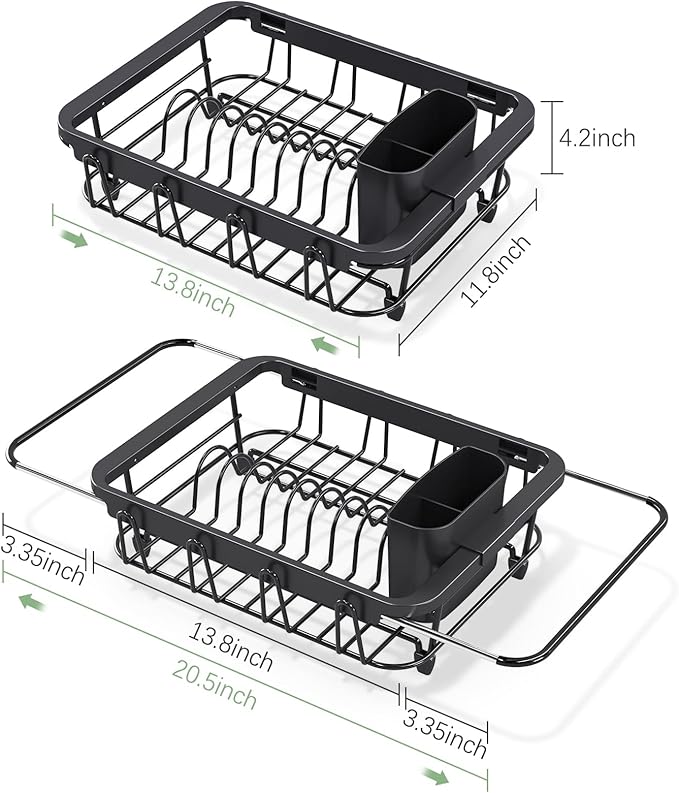 Expandable Dish Drying Rack Over The Sink, Adjustable Dish Rack in Sink, Rustproof Dish Drainer for Kitchen Counter, Dish Strainer with Utensil Holder, Standard Size