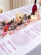 WDF 200PCS Pink Plastic Plates - Rose Gold Glitter Plastic Plates - Heavy Duty Pink Glitter Disposable Plates - Include 100 Dinner Plates 10" and 100 Dessert Plates 7" for Parties/Wedding