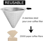 Pour Over Coffee Filter Compatible with Chemex & Hario V60 02 03, Reusable Stainless Steel Metal Cone Slow Drip Coffee Filter, 2-4 Cups Coffee Pour Over Dripper Filters