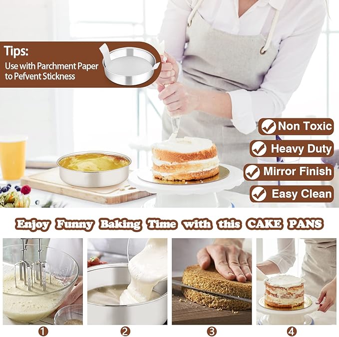 P&P CHEF Cake Pan Set of 4, Stainless Steel Baking Round Cake Pans Tins Bakeware for Birthday Wedding, Leak-proof & Easy Clean, Mirror Finish & Easy Releasing, 6 Inch