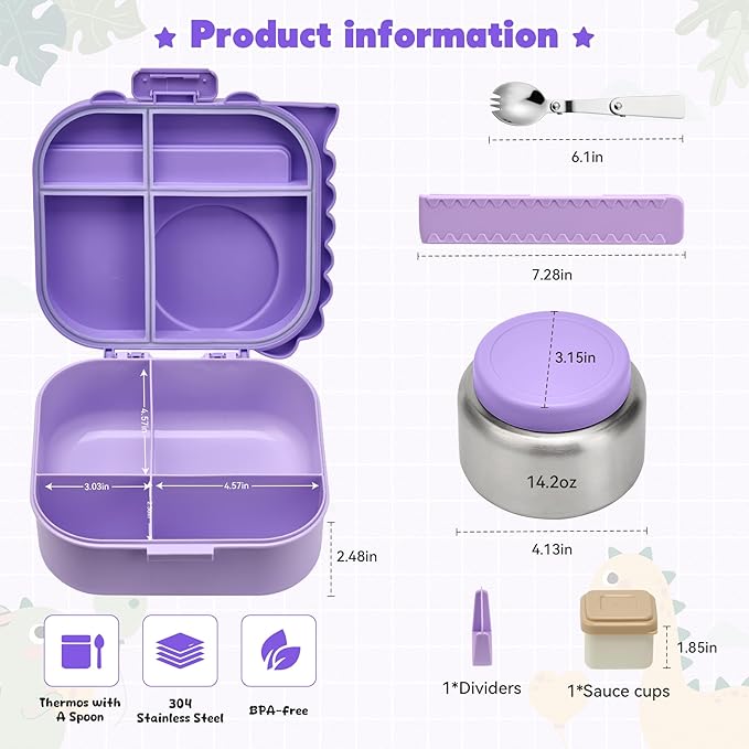 Bento Lunch Box with Thermo, 4-Compartment Bento Box with Adjustable Dividers, Leakproof Dinosaur Lunch Box with 14.2OZ Insulated Food Jar & Sauce Jar, for School Office Travel (Purple)