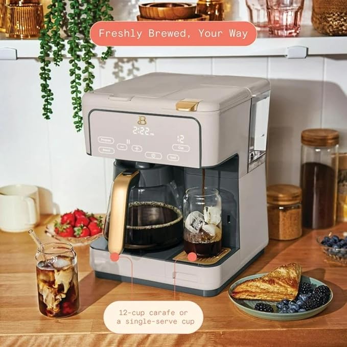 Beautiful Multi-Brew Coffee Maker – 12-Cup Carafe & Single-Serve Pod or Grounds, Iced Coffee Mode, Programmable Touch Display, Includes Filters (Porcini Taupe)