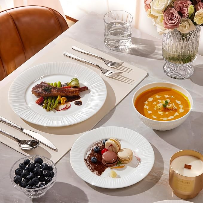 KINGSTONE Bone China Dinnerware Set, 18-Piece White Lightweight Porcelain with Textured Design Service for 6, Plates, Bowls, for Family Dining, Restaurants, Gifting，Microwave and Dishwasher Safe