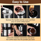 Ceramic Burr Manual Coffee Grinder with 8 Adjustable Coarseness Settings for Cold Brew Espresso Beans French Press Pour Over Drip Stainless Steel Hand Crank Coffee Mill for Home use or Travel Camping