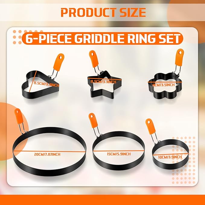 Patelai 6 Pcs Egg Ring Pancake Ring Set Stainless Steel Fried Egg Molds Griddle Pancake Shapers with Silicone Handle for Breakfast Omelette Sandwich(Assorted Style,4 Inch, 6 Inch, 8 Inch)