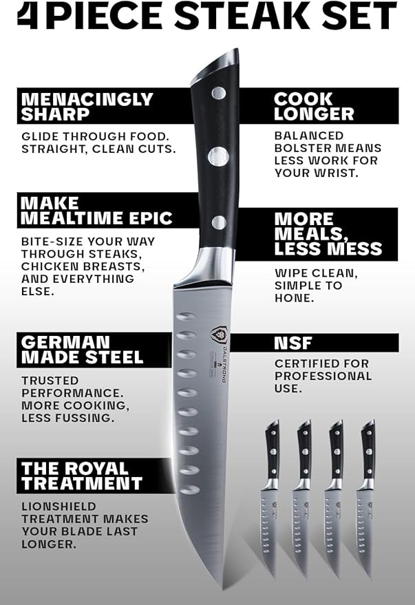 Dalstrong Steak Knives-4pc- Serrated Blade-Gladiator Series Elite-Forged German High-Carbon Steel-Table Dinner Kitchen Knives-Sheaths-Razor Sharp - Dinner Set-NSF Certified