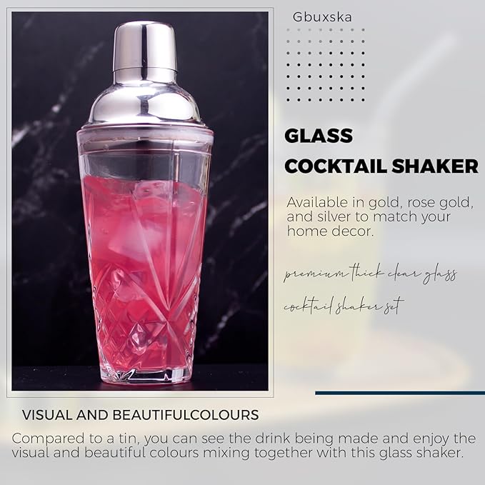 Cocktail Shaker Set - Glass Mixed Drink Shakers Cocktail Set, Martini Shaker with Strainer for Bars, Whiskey, Cocktails (Silver Set)