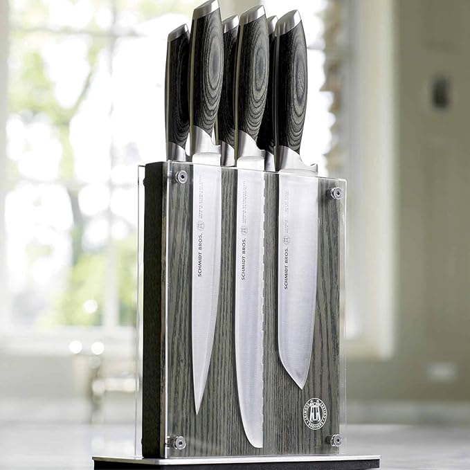 Schmidt Brothers - Bonded Ash 7-Piece Kitchen Knife Set, High-Carbon German Stainless Steel Cutlery, Ash Finish Wood Handles and Clear Acrylic Magnetic Knife Block
