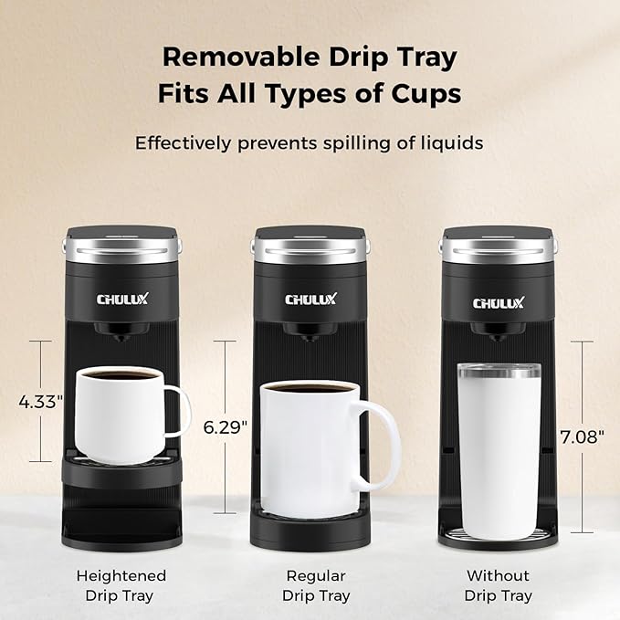 CHULUX Slim Single Serve Coffee Maker for K Pods, One Cup Coffee Maker Fits 7.3" Travel Mugs, Coffee Machine with 6 to 12oz Brew Sizes
