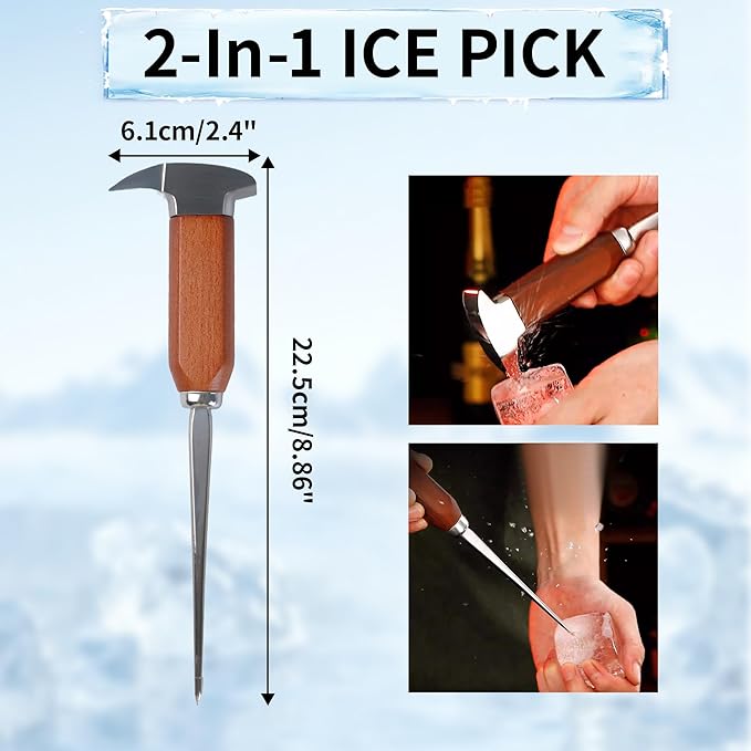 Ice Pick Tool with Wood Handle, Stainless Steel Ice Picks for Breaking Ice, Ice Carving Tools Bar Tools for Kitchen, Bars, Bartender, 8.86 Inch