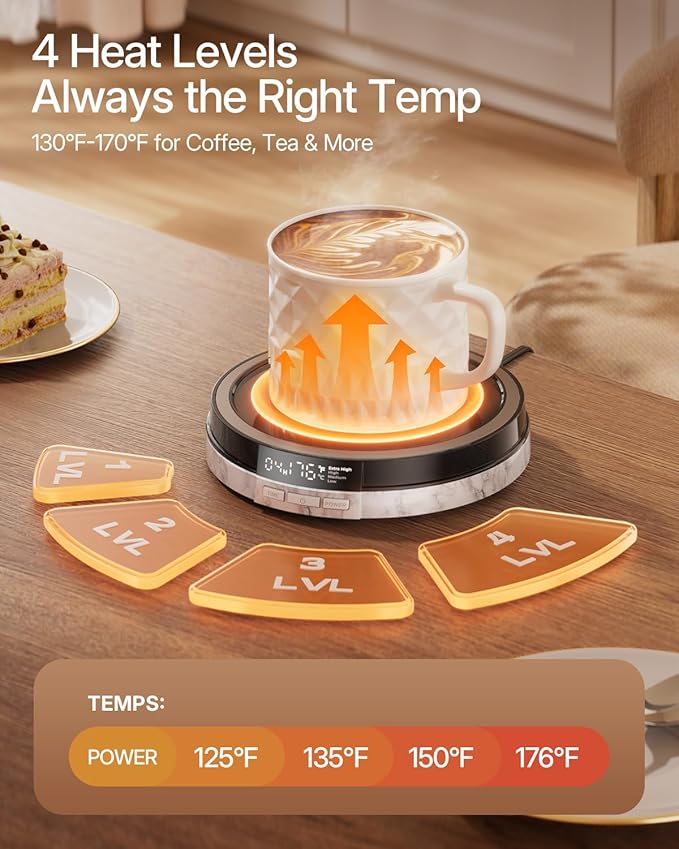 Coffee Mug Warmer for Desk, 50W Fast Heating Cup Warmer with Smart Display, 4 Temps & 12H Timer, Auto Shut Off for Tea, Milk, Hot Drinks - Marble Effect