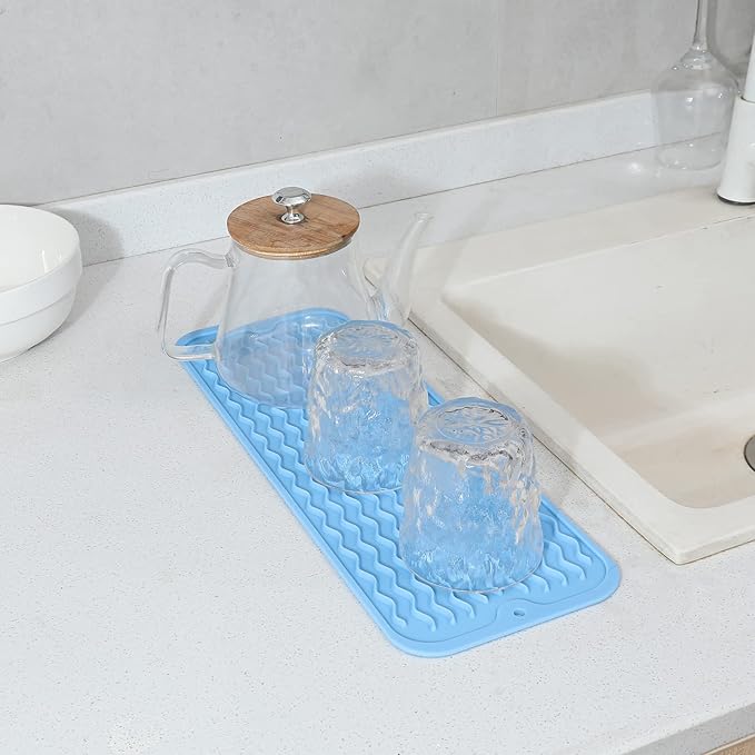 Silicone Dish Drying Mat for Multiple Usage,Easy clean,Eco-friendly,Heat-resistant Silicone Mat for Kitchen Counter,Sink,Bar,Bottle,or Cup Light Blue M 17 inches x 6 inches