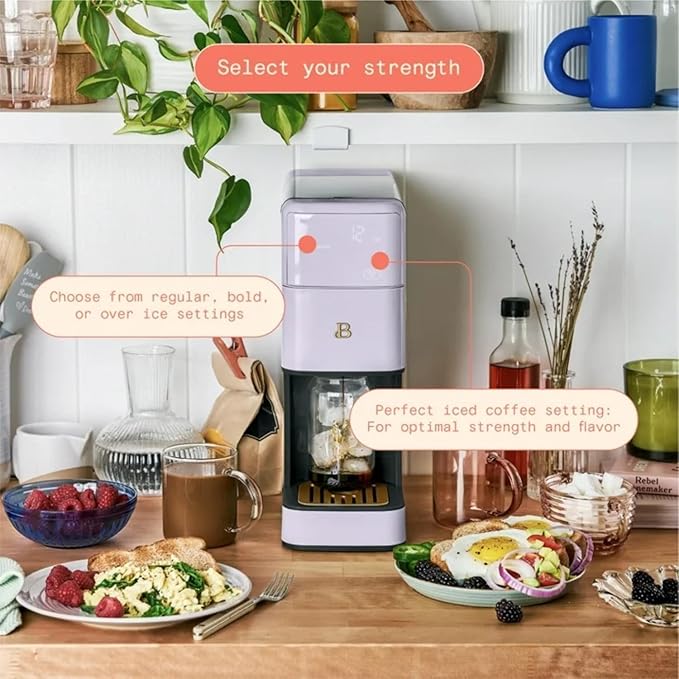 Beautiful Perfect Grind Programmable Single Serve Coffee Maker with Touch-activated Display, Programmable and Integrated Burr Grinder, 64oz Water Reservoir (Lavender)