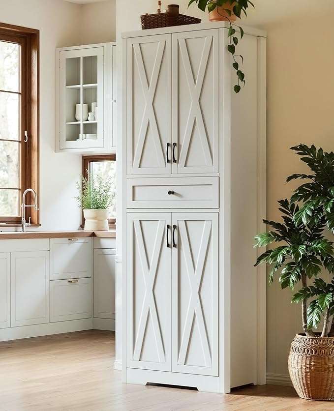 68'' Farmhouse Kitchen Pantry Cabinet with Adjustable Shelves, Tall Storage Cabinet with Barn Doors, Freestanding Versatile Cupboard for Dining Room, White