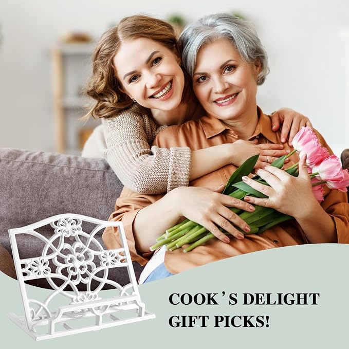 JOGREFUL Cookbook Stand, Cast Iron Heavy-Duty Recipe Book Holder, Kitchen Vintage Recipe Book Holder, Reading Rest Holder for Easel/Counter/Books/Magazine/iPad/Bible, Flower Pattern, White