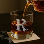 On The Rox Drinks (R-Monogram)- 4 Piece Set of 11 Ounce Engraved Heavy Base Rocks Glasses Elegant Glass-Multi-Purpose Beverage-Rocks Glass- Gift for any Occasion