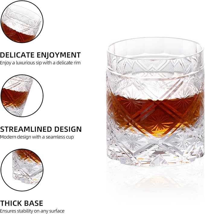 KAMMAK Old Fashioned Crystal Whiskey Glasses Set of 2, 8.45 oz (250 ml) Handmade Thick Base Tumbler with Delicate Rim & Seamless Design for Scotch, Bourbon, Cocktails, Lead-Free Barware