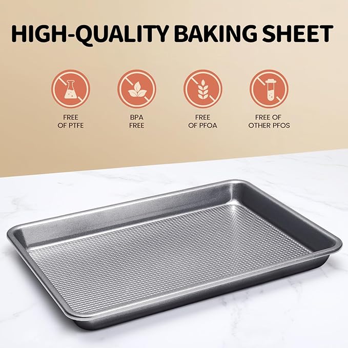 Vinino Baking Sheet Set of 3, Cookie Sheets For Baking with Square Texture Pattern, Thicker Carbon Steel Non-stick Baking Pan Half/Quarter/Jelly Roll Pans Tray for Oven-Grey