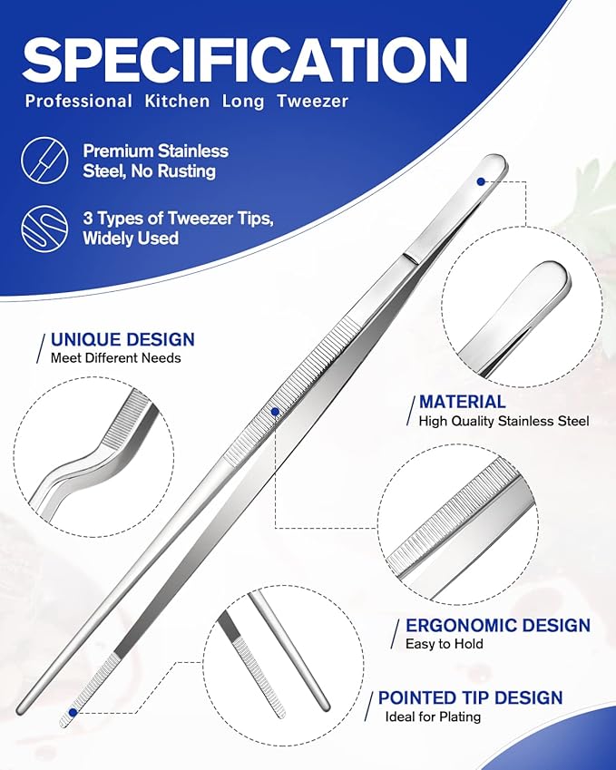 Fine Cooking Tweezers Set, Professional Stainless Steel Food Tongs, Kitchen Black Long Chef Tweezer for Cooking, Plating, Decorating and BBQ (SILVER, 12 inch)