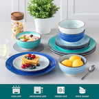vancasso Bonita Dinnerware Set Blue Stoneware 12 Pieces Service for 4, Handpainted Spirals Pattern Stoneware Plates and Bowls Set