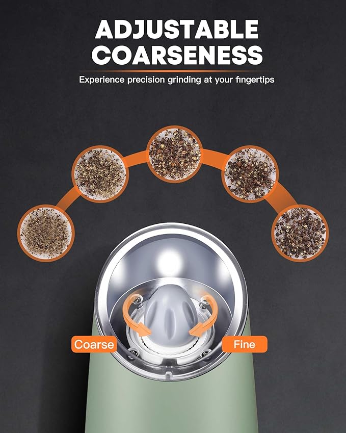 AmuseWit Gravity Electric Salt and Pepper Grinder Set [White Light] USB Rechargeable Automatic Pepper and Salt Mills,Adjustable Coarseness,One-Handed Operation,Sage