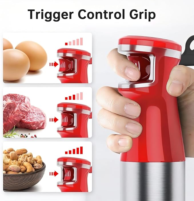 Immersion Blender Handheld Corded Hand Blenders Set 1100W, Trigger Variable Speed 5 in 1 Stick Emulsifier with Chopper, Whisk and Frother for Soup, Baby Food and Smoothies, Red