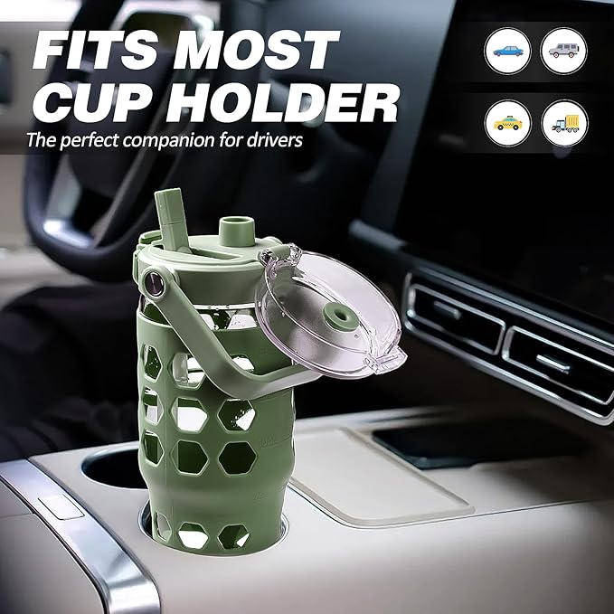 MUKOKO 32 oz Glass Tumbler with Straw,Glass Water Bottles with Time Marker,Iced Coffee Cup with Silicone Sleeve,Motivational Drinking Bottles,Leakproof-Olive