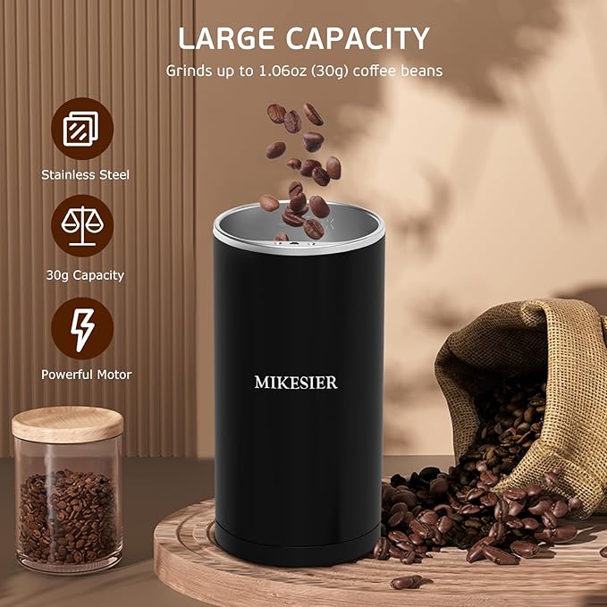 Coffee Grinder, Coffee Bean Grinder Electric, Herb/Spice/Nut Electric Grinder with 304 Stainless Steel Blade One Touch Operation for Kitchen or Home Use, Black