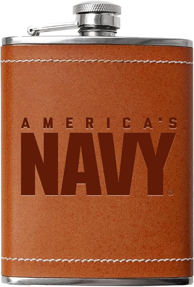 Leather Wrapped 8 oz Navy Flask | Stainless Steel USN Hip Flask for Liquor – Tobacco Brown, US Navy Gifts | Disabled USMC Vet Owned SMALL Business