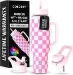 Coldest Tumbler with Handle and Straw - 100% Leak Proof Insulated Tumbler with Lid and Straw (3 Lids) - Stainless Steel Tumblers for Women & Men - Cup Holder Friendly Base, 46 oz (Pink Checkers)