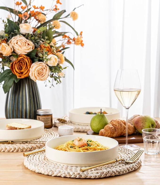 theterra 7.5'' Ceramic Pasta Bowls, Salad Bowls Set of 4, Stoneware Serving Bowls for Fruits, Noodle, Dinner, House-warming Wedding Present, Beige