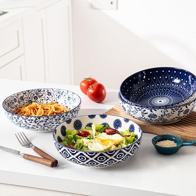 Ceramic Large Pasta Bowls - 45 OZ Salad Bowls 8 inch Wide Serving Bowls for Soup Dessert Noodle Dinner Fruit Bowls - Microwave Dishwasher Safe - Set of 4 - Vintage Blue