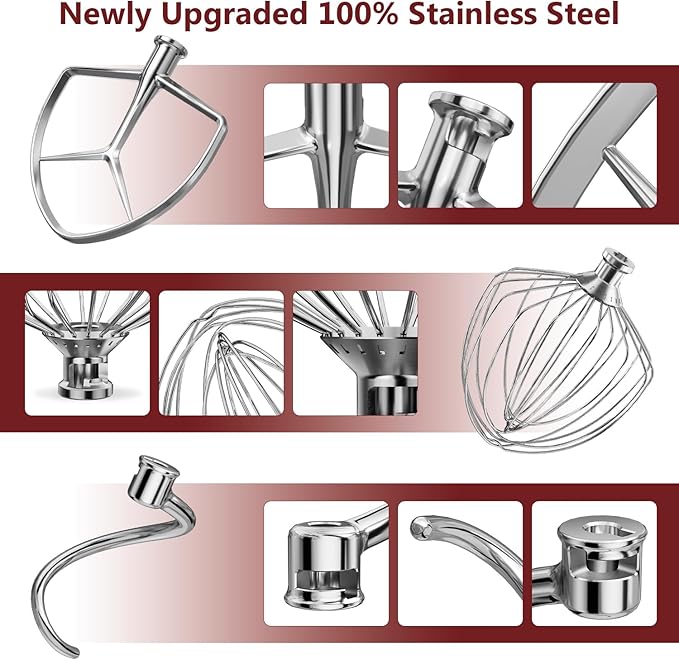 3 Pieces Stainless Steel Attachments (7QT Dough Hook,7QT Wire Whip,7QT Flat Beater Attachment) for KitchenAid Lift Stand Mixer and 7 Quart Bowl, Dishwasher Safe and Heavy Duty