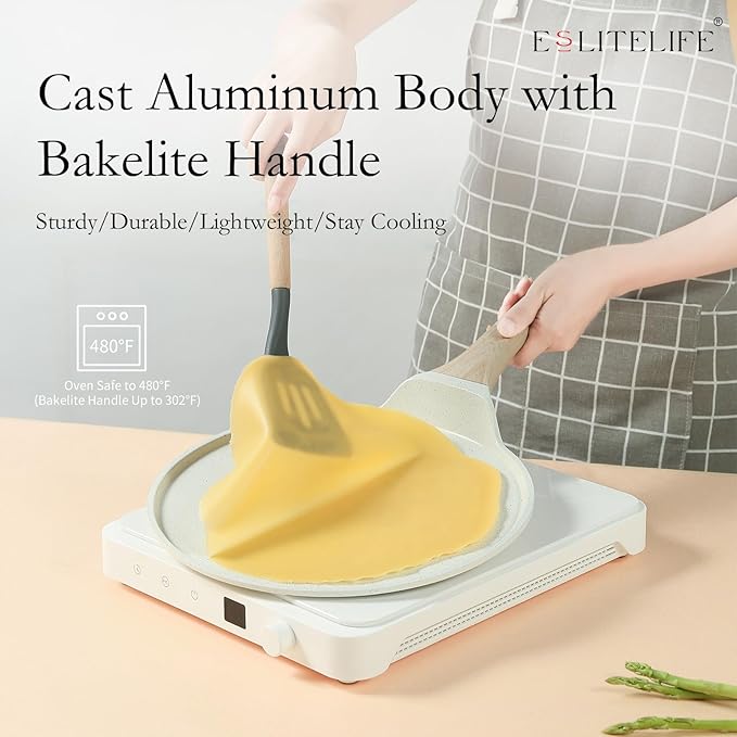 ESLITE LIFE 11 Inch Crepe Pan with Spreader, Nonstick Ceramic Flat Skillet Dosa Tawa Comales Para Tortillas Pancake Pan, PTFE & PFOA Free, White