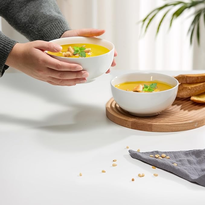 KooK Ceramic Soup Bowls, Cereal Bowl, Microwave, Dishwasher and Freezer Safe, Porcelain Dishes for Pasta, Salad, Oatmeal, Deep Interior, 20 oz, Set of 4, Marshmallow White