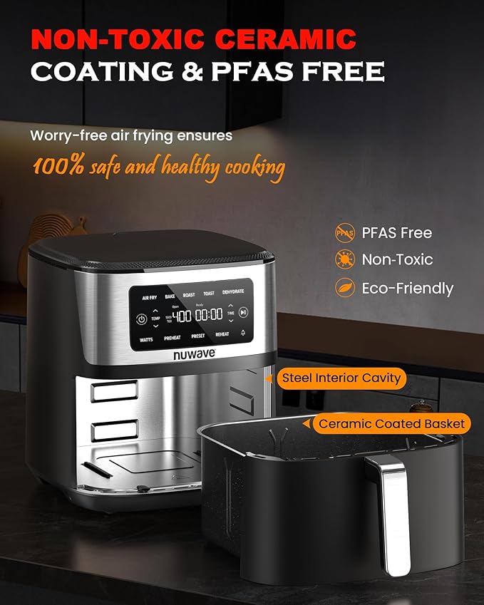 Nuwave Brio Plus 6-in-1 Air Fryer, 7-Qt Large Capacity, 50°F–400°F Precise Temp Control, Non-Toxic PFAS-Free Nonstick, Air Fry, Bake, Roast, Toast, Dehydrate, Reheat, 100 Presets, Dishwasher Safe