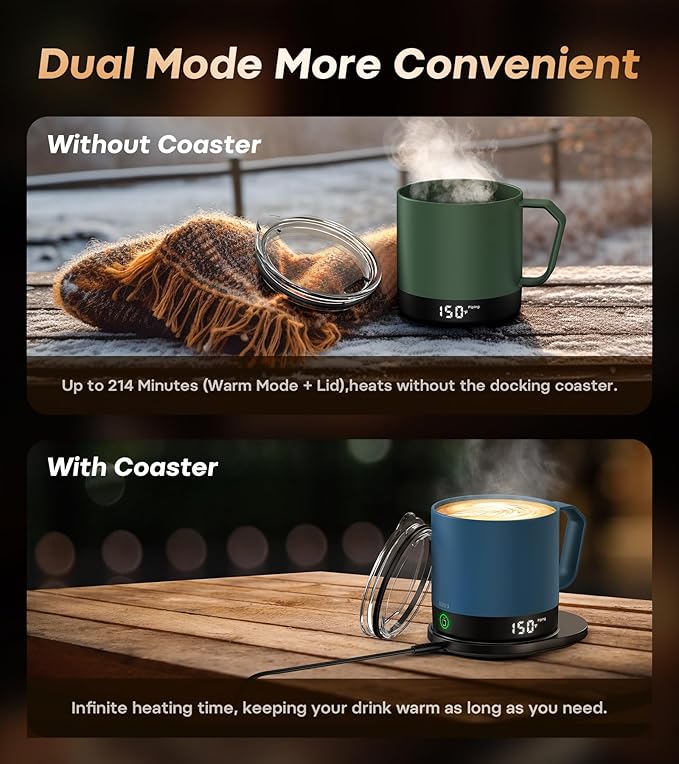 Heated Coffee Mug Rechargeable - Temperature Control Self Heating Coffee Mug 14oz with Lid, Double Sided & Real-Time LED Display, Hot up to 150℉, Birthday Gifts for Women and Men(Blue)