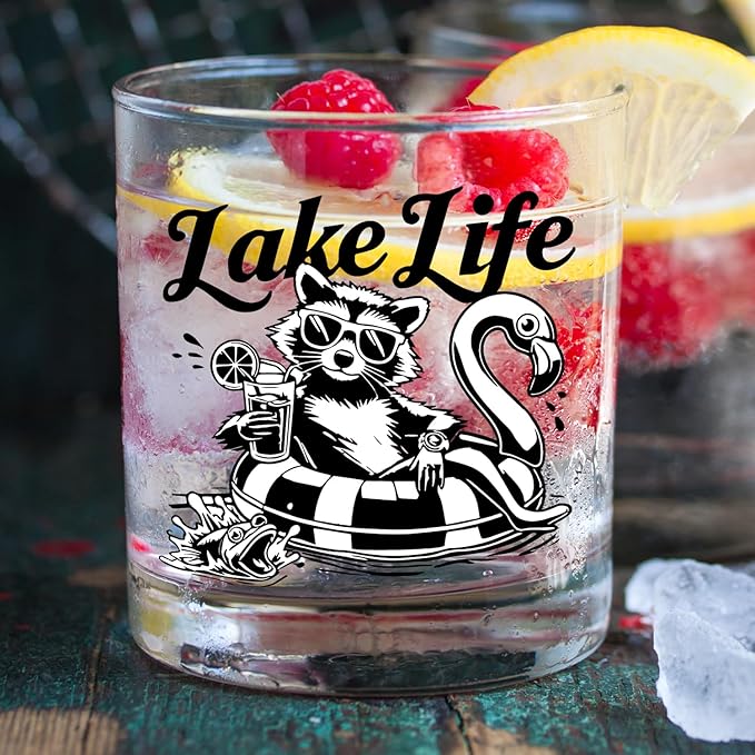 kunlisa Funny Lake Raccoon Whiskey Glasses, Funny Raccoon Gifts, Lake House Decor and Gift 10 oz Drinking Rocks Glasses for Women Men Whisky Cocktail Scotch Bourbon Liquor